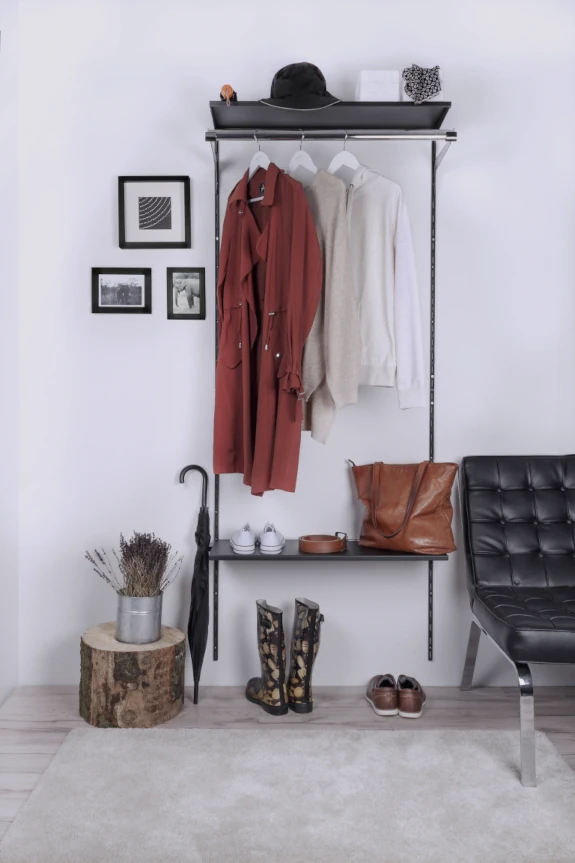 Shelf as a cloakroom. Clothes rail with shoe rack